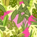 Hand drawn seamless pattern with tropical leaves